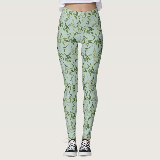 Botanische Waterverf Leaf All-Over Print Leggings (Voorkant)