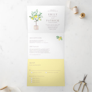 Botanische Waterverf Lemon Tree Summer Weddenschap Drieluik Uitnodiging