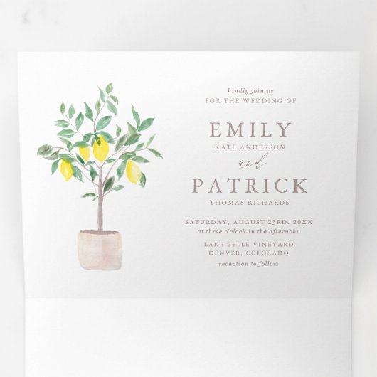 Botanische Waterverf Lemon Tree Summer Weddenschap Drieluik Uitnodiging (Binnenzijde eerst)