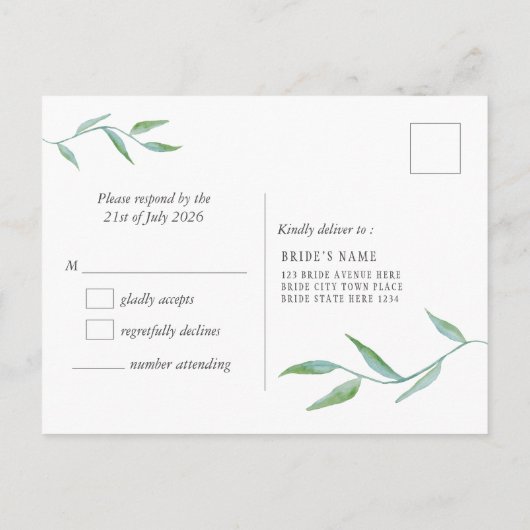 Botanische Waterverf Modern Zwart RSVP Uitnodiging Briefkaart (Achterkant)