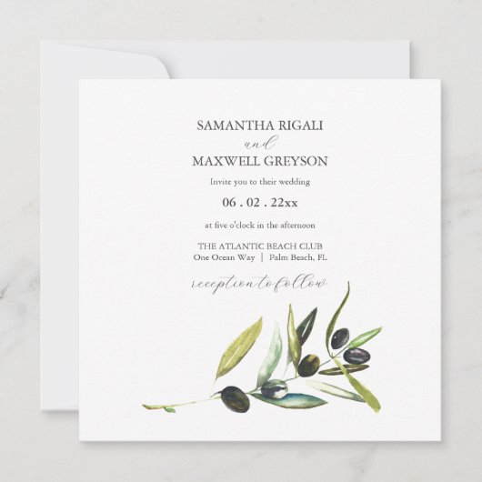 Botanische Waterverf Olijftak Bruiloft Uitnodigen Kaart (Voorkant)