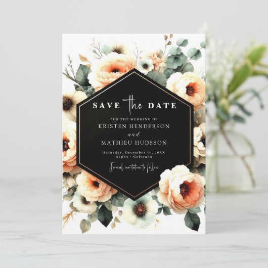 Botanische Waterverf perzik bruiloft Save The Date (Staand voorkant)