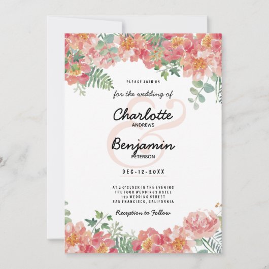 Botanische waterverf roze groene bloemenbruiloft kaart (Voorkant)