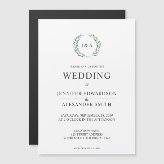 Botanische waterverf verlaat monogram bruiloft magnetische uitnodiging (Voorkant / Achterkant)