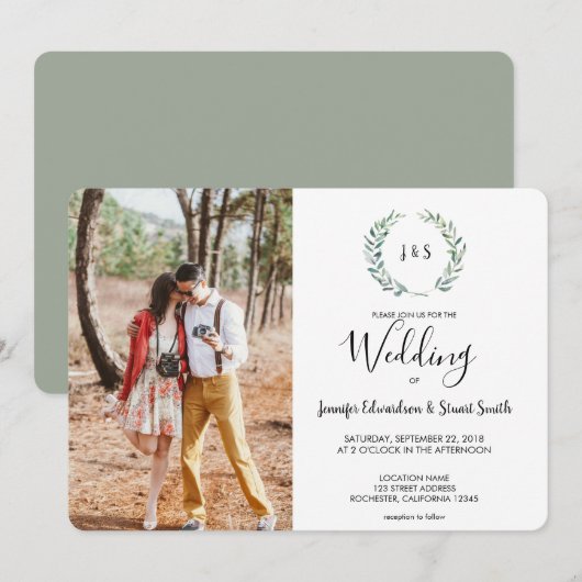 Botanische waterverf verlaat monogram foto Weddens Kaart (Voorkant / Achterkant)