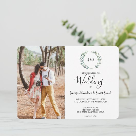 Botanische waterverf verlaat monogram foto Weddens Kaart (Staand voorkant)