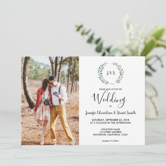 Botanische waterverf verlaat monogram foto Weddens Kaart (Staand voorkant)