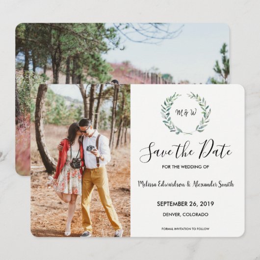 Botanische waterverf verlaat monogrammen foto save the date (Voorkant / Achterkant)