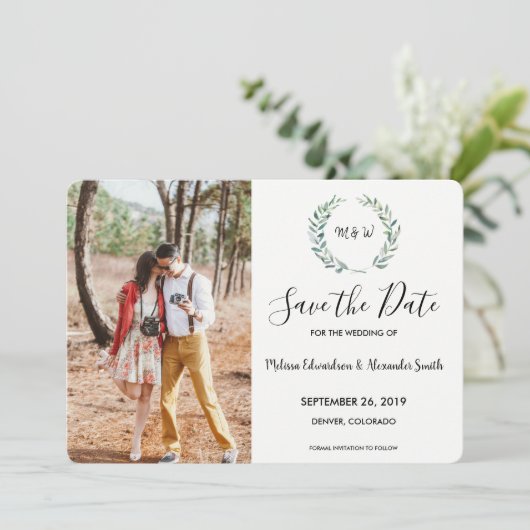 Botanische waterverf verlaat monogrammen foto save the date (Staand voorkant)