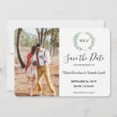 Botanische waterverf verlaat monogrammen foto save the date (Voorkant)