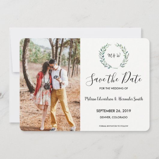 Botanische waterverf verlaat monogrammen foto save the date (Voorkant)