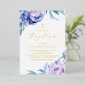 Botanische Waterverf Violet Peony Flowers Baptisme Folie Uitnodiging (Staand Voorkant)