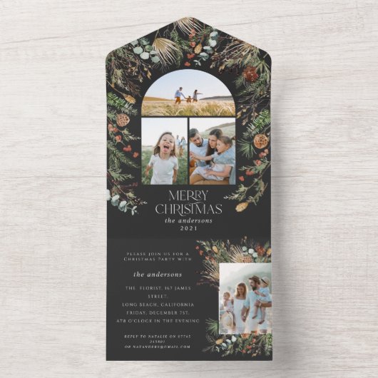 Botanische waterverf voor kerstboog all in one uitnodiging (Binnen)