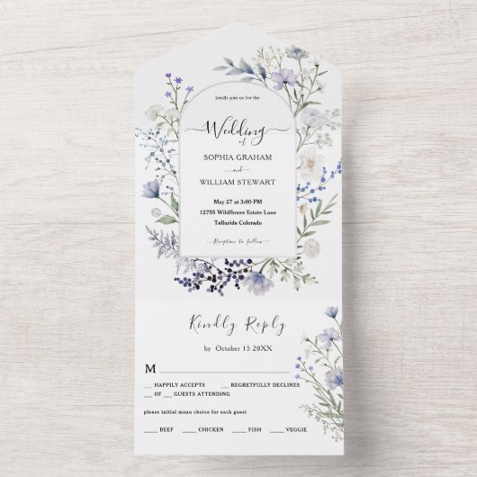 Botanische Waterverf Wildbloem Moderne bruiloft All In One Uitnodiging (Binnen)