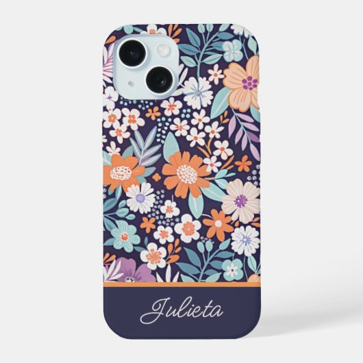 Botanische weelderige bloempatroon scriptnaam iPhone 15 case (Achterkant)
