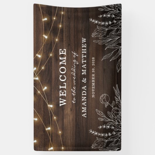 Botanische Welkomstbruiloft van Rustic String Ligh Spandoek (Verticaal)