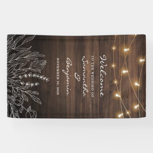 Botanische Welkomstbruiloft van Rustic String Ligh Spandoek (Horizontaal)