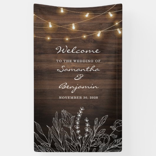 Botanische Welkomstbruiloft van Rustic String Ligh Spandoek (Verticaal)