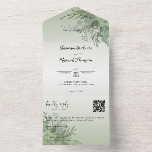 Botanische Wijze Groene QR Code Bruiloft All In One Uitnodiging (Binnen)