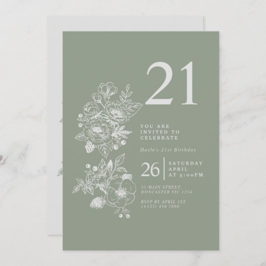Botanische Wildbloem Sage Groen 21e Verjaardag Kaart (Voorkant / Achterkant)