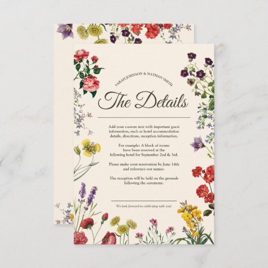 Botanische Wildbloemen Bruiloft Details Info Informatiekaartje (Voorkant / Achterkant)