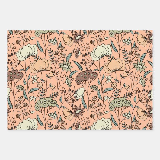 Botanische Wildbloemen Perzik Fuzz & Olijfgroen Inpakpapier Vel (Voorkant 2)