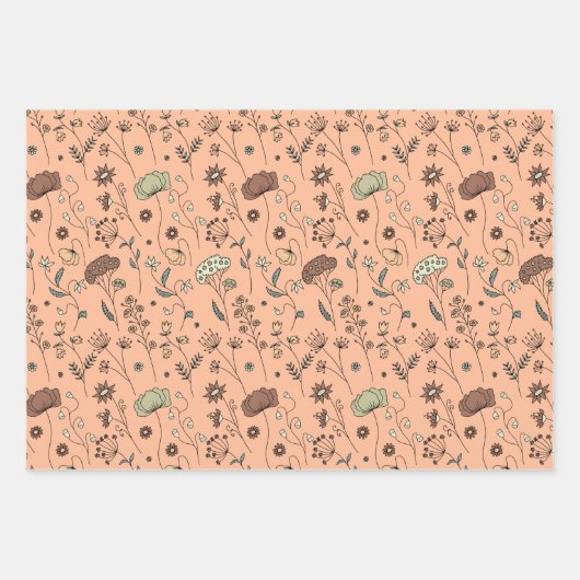 Botanische Wildbloemen Perzik Fuzz & Olijfgroen Inpakpapier Vel (Voorkant)