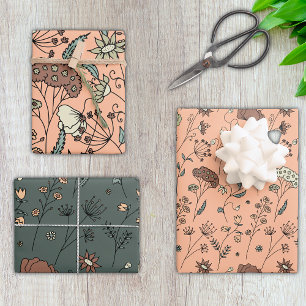 Botanische Wildbloemen Perzik Fuzz & Olijfgroen Inpakpapier Vel