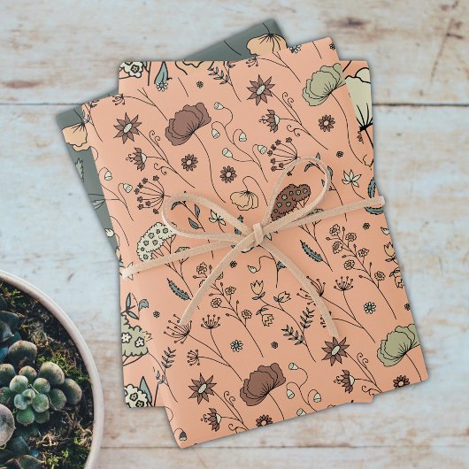 Botanische Wildbloemen Perzik Fuzz & Olijfgroen Inpakpapier Vel