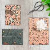 Botanische Wildbloemen Perzik Fuzz & Olijfgroen Inpakpapier Vel