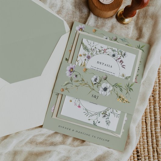 Botanische Wildbloemen Zachte Groene Monogram Brui Uitnodigingen Wikkel