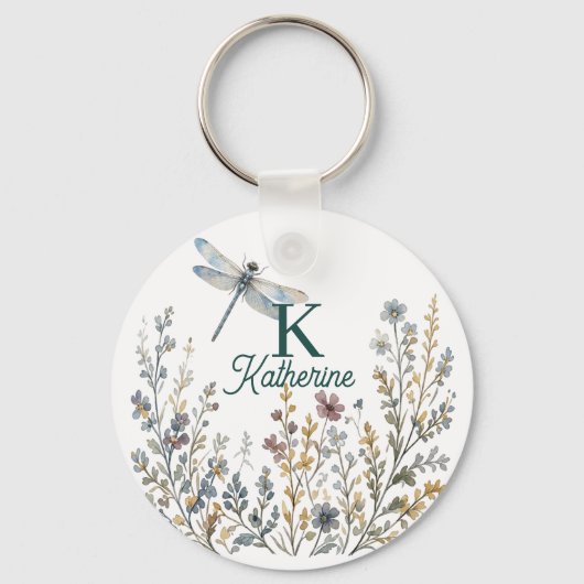 Botanische Wilde Bloem Libelle Monogram Canvas Tas Sleutelhanger (Voorkant)