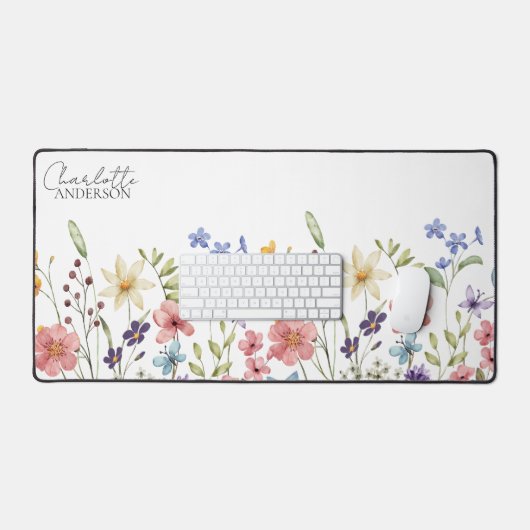 Botanische Wilde Bloem Naam Monogram Wit Bureaumat (Keyboard & Muis)