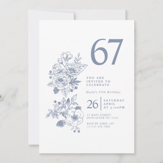 Botanische Wilde Bloem Stof Blauw 67e Verjaardag Kaart (Voorkant)