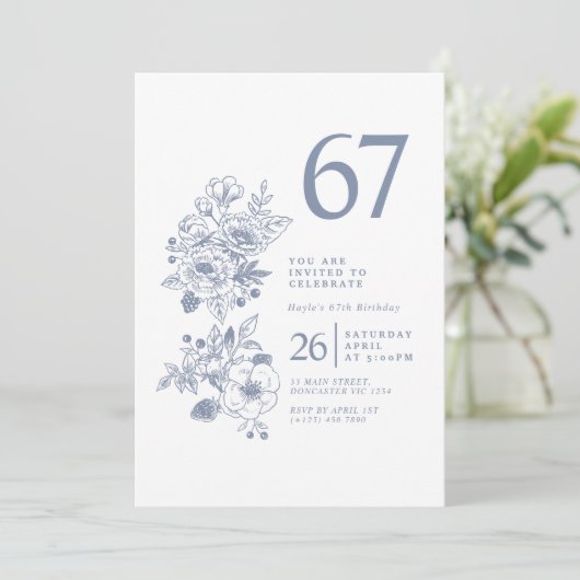 Botanische Wilde Bloem Stof Blauw 67e Verjaardag Kaart (Staand voorkant)