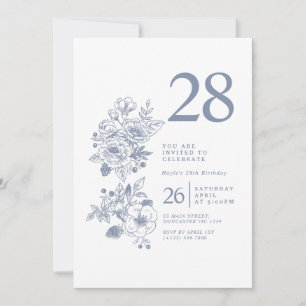 Botanische Wilde Bloem Stofblauw 28e Verjaardag Kaart