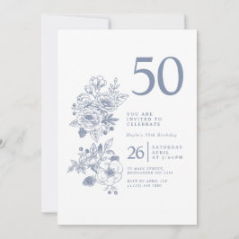 Botanische Wilde Bloem Stofblauw 50ste Verjaardag Kaart