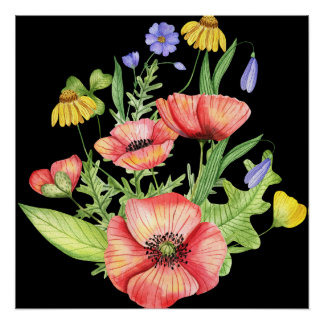 Botanische Wilde Bloemen Boeket Watercolor Kunst Perfect Poster