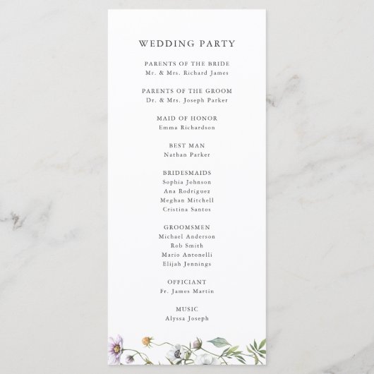 Botanische wilde bloemen | Elegante bruiloft Programmakaart (Achterkant)