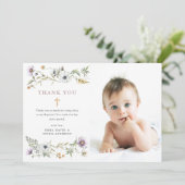 Botanische wilde bloemen | Elegante doopfoto Bedankkaart (Staand voorkant)