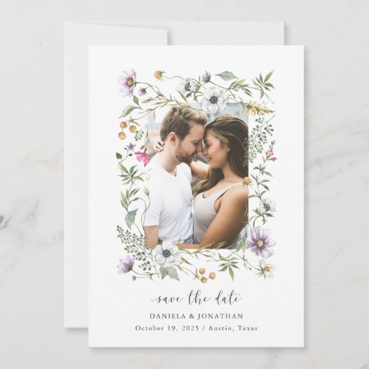 Botanische wilde bloemen | Foto en QR-code Save The Date (Voorkant)