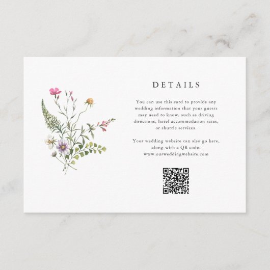 Botanische wilde bloemen | Huwelijksdetails QR-cod Informatiekaartje (Voorkant)