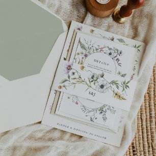 Botanische wilde bloemen   Monogram bruiloft Uitnodigingen Wikkel