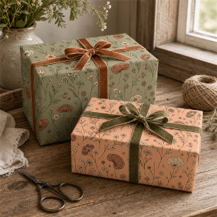 Botanische wilde bloemen perzik & salie groen inpakpapier vel