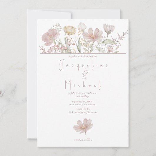 Botanische Wilde Bloemen Stof Roze Bruiloft Kaart (Voorkant)