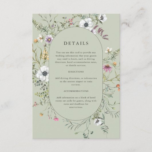 Botanische wilde bloemen | Zachte groene bruiloft  Informatiekaartje (Voorkant)