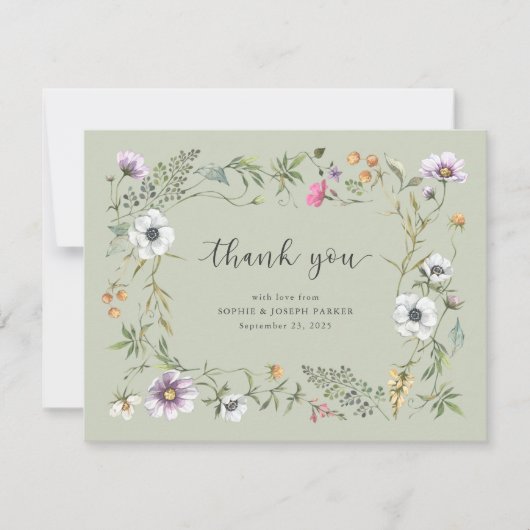 Botanische wilde bloemen | Zachte groene trouwfoto Bedankkaart (Voorkant)