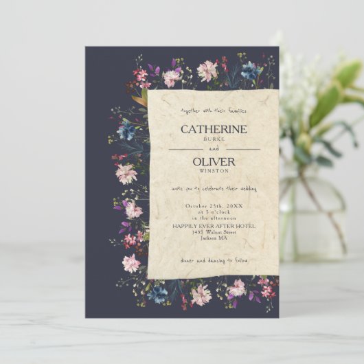 Botanische wilde bloemhandgemaakte papieren bruilo kaart (Staand voorkant)