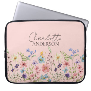 Botanische Wildflower Aangepaste Naam Blauw Roze Laptop Sleeve
