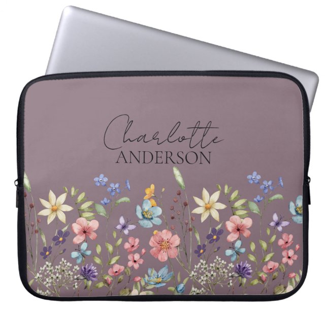 Botanische Wildflower Aangepaste Naam Hazy Paarse Laptop Sleeve (Voorkant)